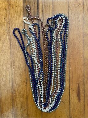 5 Long Multi-Strand Beaded Necklace in Blue, Cream, Pink, Silver
